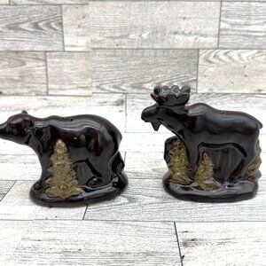 Brown Bear and Moose Salt & Pepper Shakers Glazed Stoneware Woodland Collection